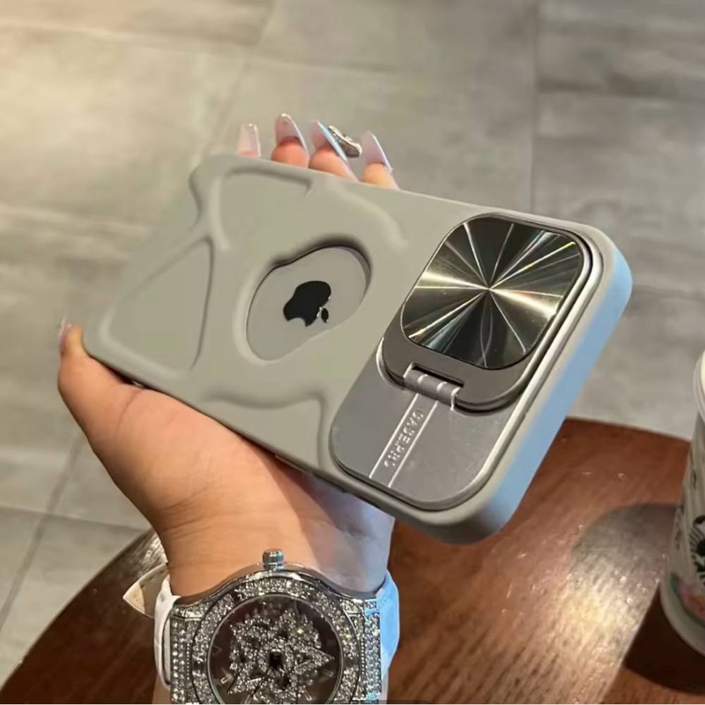 Fashion Logo Hole Magnetic Case for iPhone 15 Gray Phone Case with Ring Holder